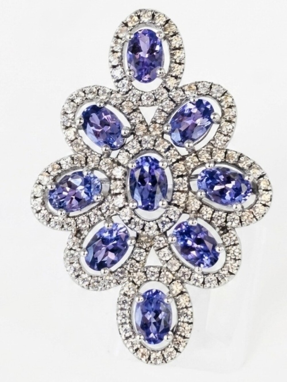 Genuine Tanzanite & White Zircon Sterling Silver Rhodium Ring Size 8!